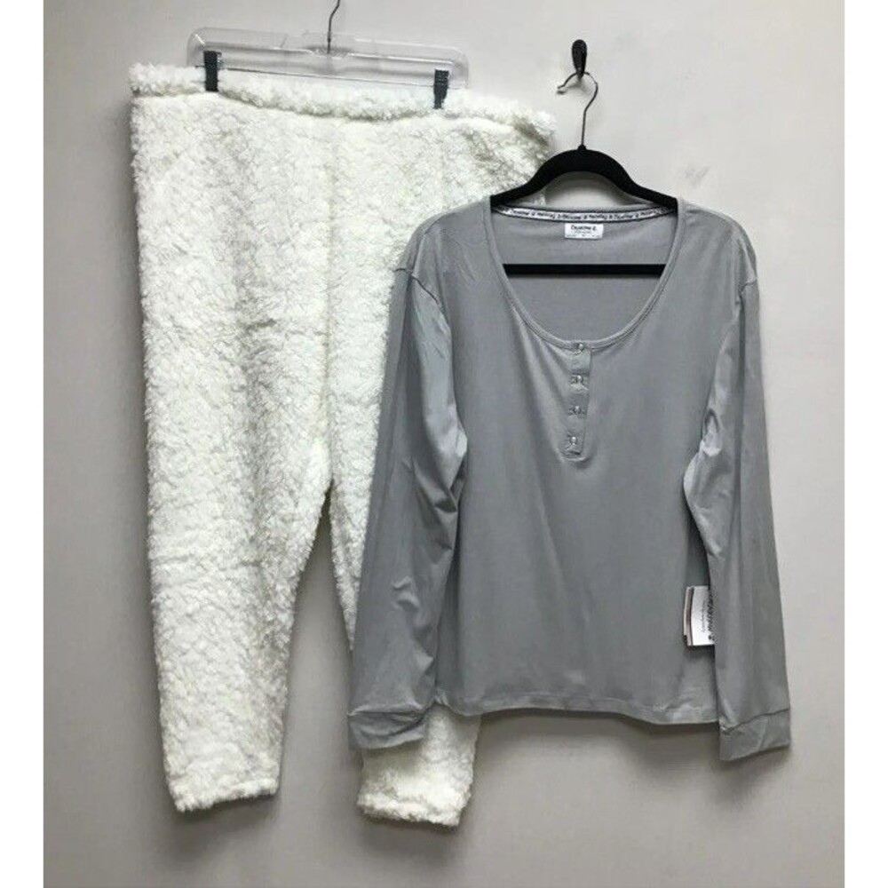Bearpaw Womens 2 Piece Set Gray Henley Top & Cream Fuzzy Pajama Pants 2X New